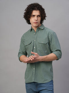 Men’s Cotton Lycra Regular Fit Striped Shirt Green