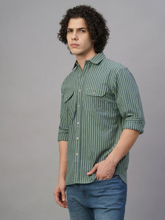 Men’s Cotton Lycra Regular Fit Striped Shirt Green