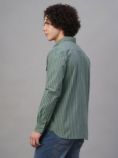 Men’s Cotton Lycra Regular Fit Striped Shirt Green