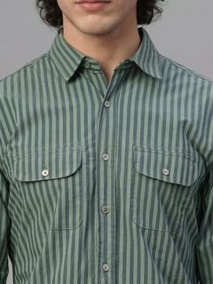 Men’s Cotton Lycra Regular Fit Striped Shirt Green