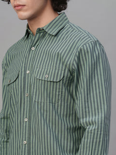 Men’s Cotton Lycra Regular Fit Striped Shirt Green