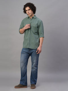 Men’s Cotton Lycra Regular Fit Striped Shirt Green