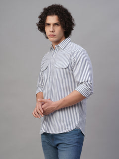 Men’s Cotton Lycra Regular Fit Striped Shirt Navy