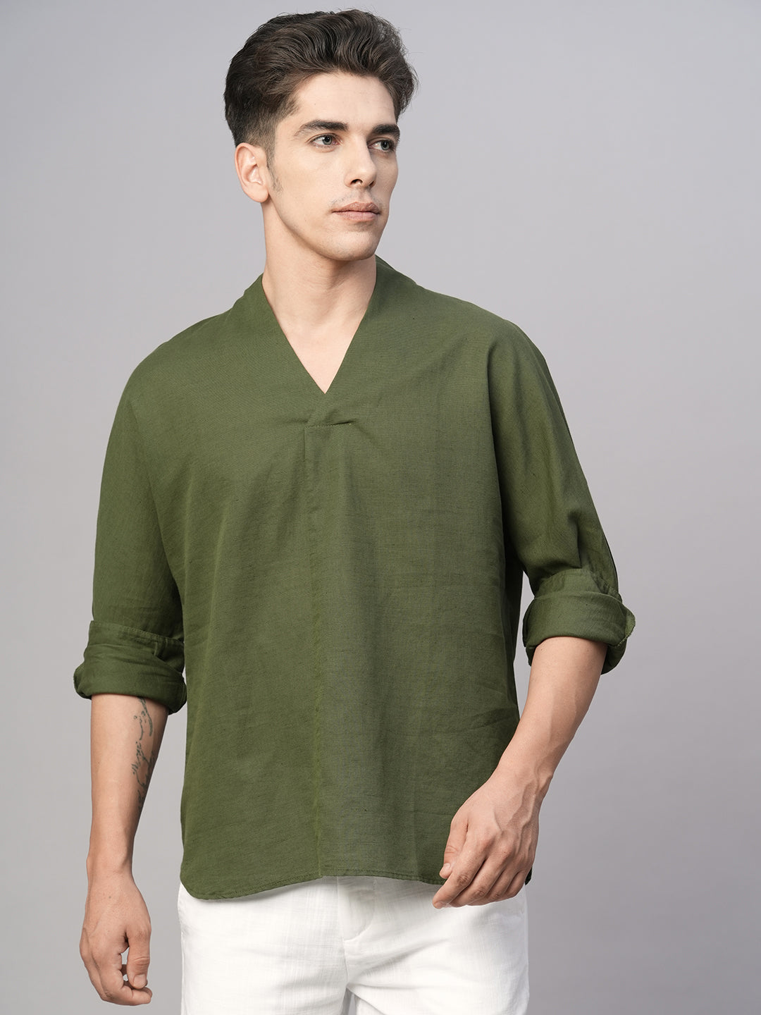 Men's Olive Cotton Linen Regular Fit Shirt