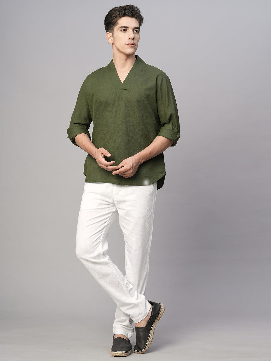 Men's Olive Cotton Linen Regular Fit Shirt