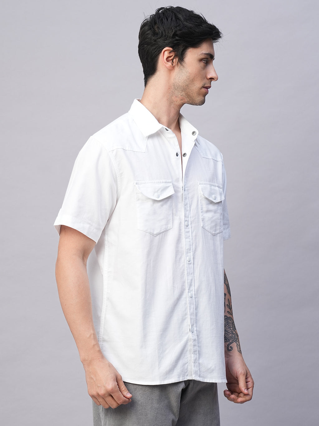 Men's White 100% Cotton Regular Fit 2 Pocket Western Yoke Shirt