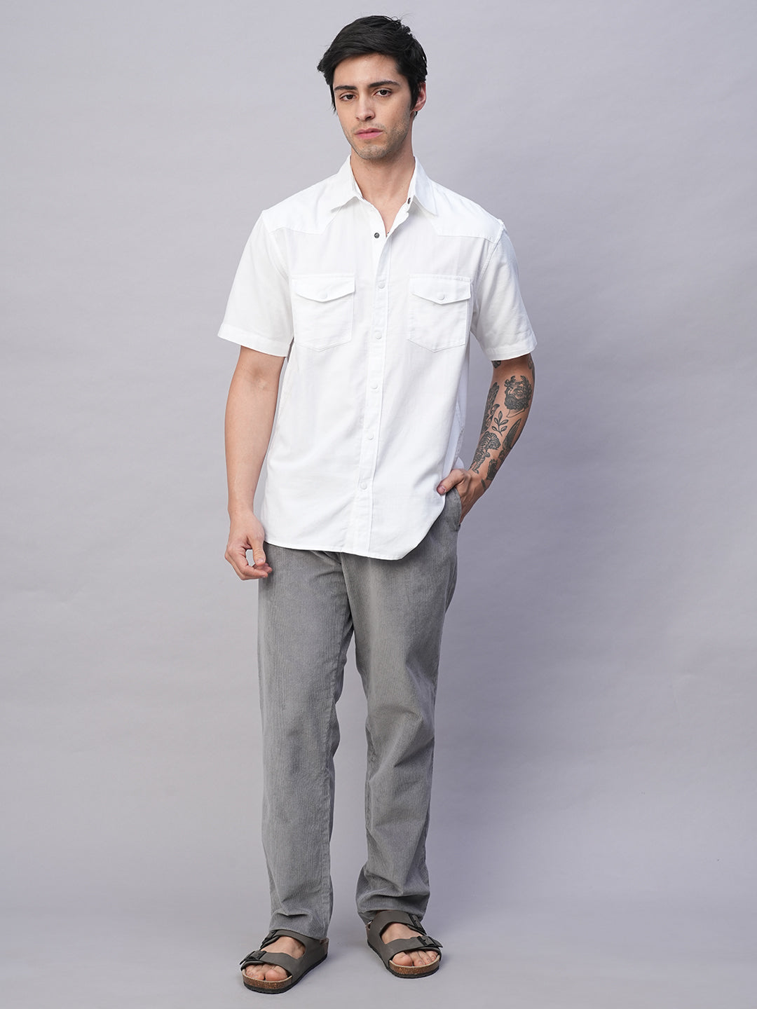 Men's White 100% Cotton Regular Fit 2 Pocket Western Yoke Shirt