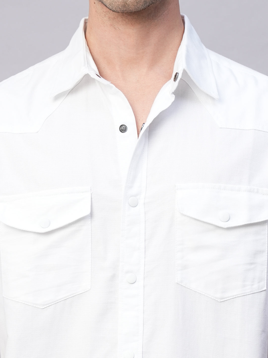 Men's White 100% Cotton Regular Fit 2 Pocket Western Yoke Shirt