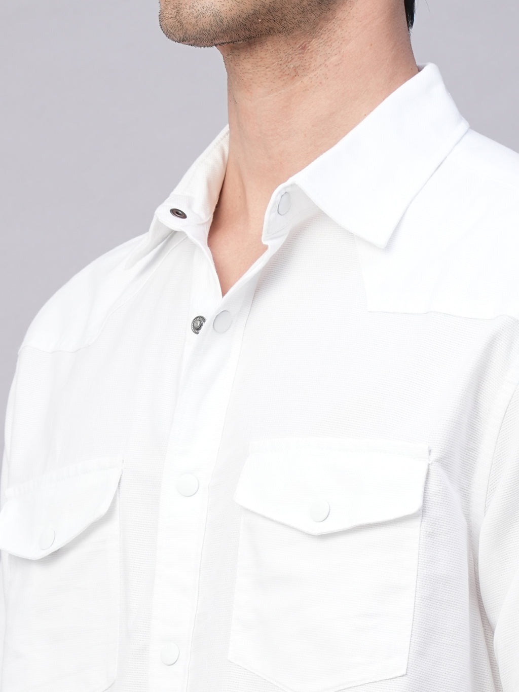 Men's White 100% Cotton Regular Fit 2 Pocket Western Yoke Shirt