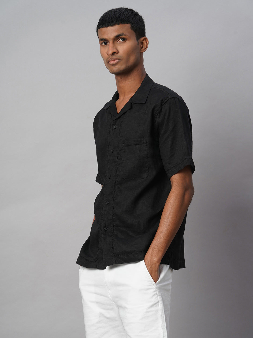 Men's Black 100% Linen Regular Fit Shirt