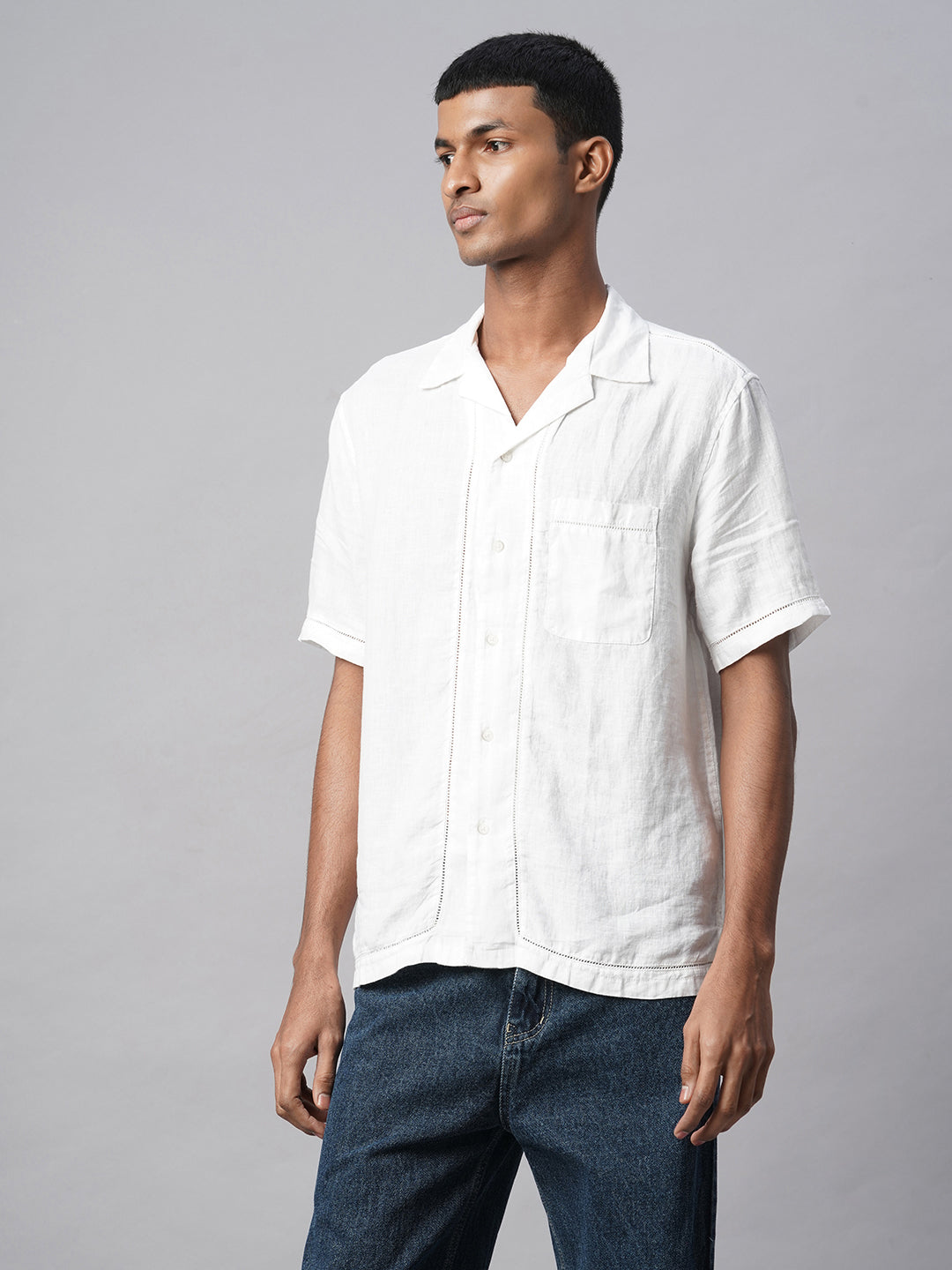 Men's White 100% Linen Regular Fit Shirt