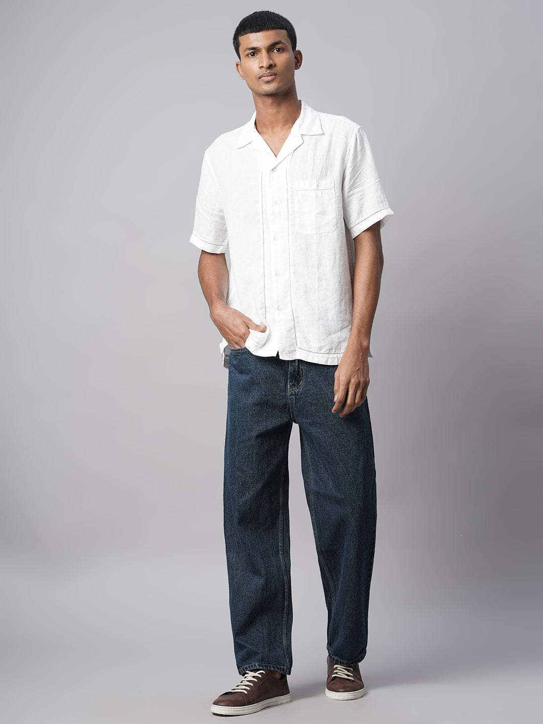 Men's White 100% Linen Regular Fit Shirt