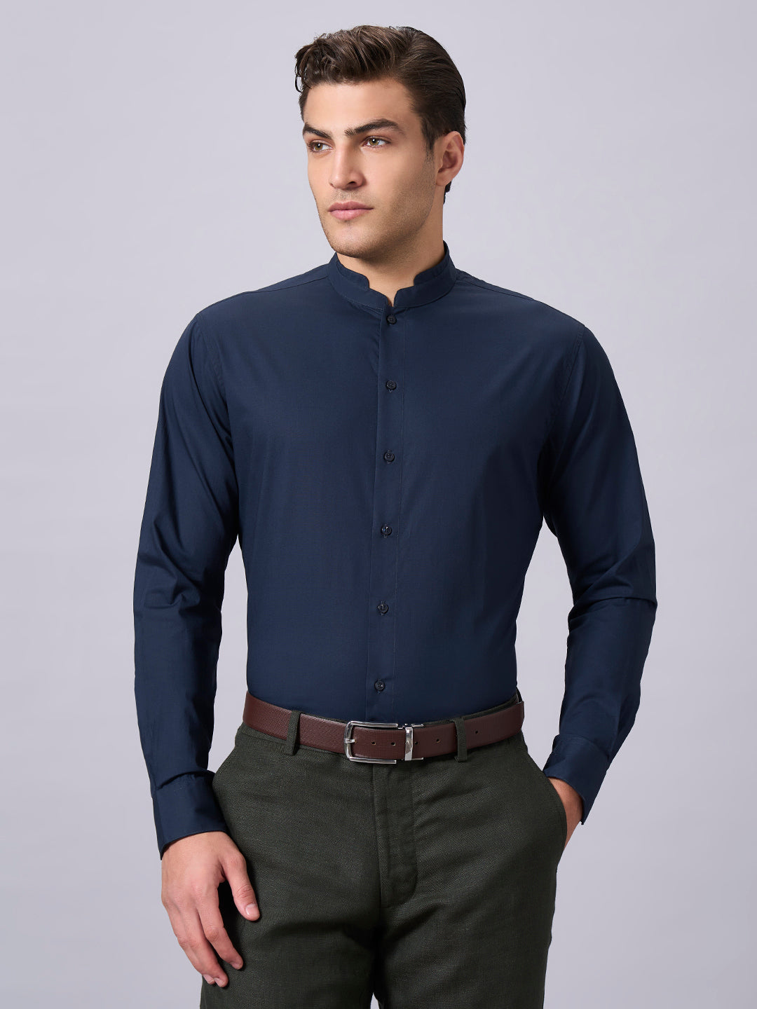 Men's Navy Cotton Lycra Slim Fit Shirt