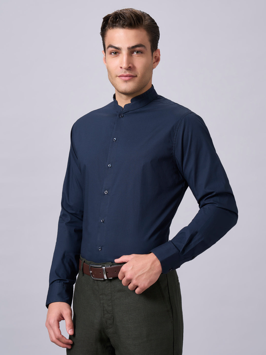 Men's Navy Cotton Lycra Slim Fit Shirt