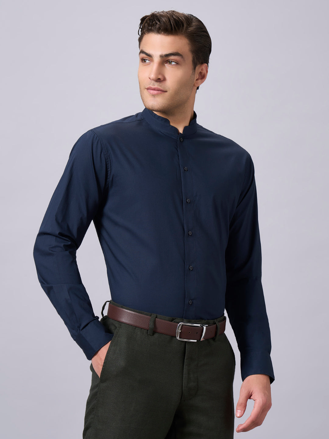 Men's Navy Cotton Lycra Slim Fit Shirt