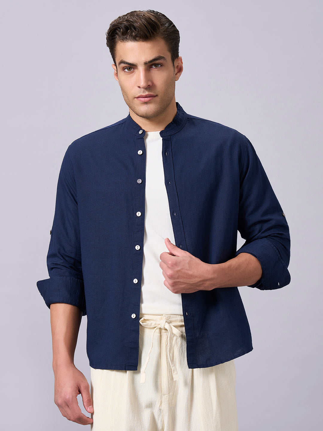 Men's Navy Linen Cotton Regular Fit Shirt
