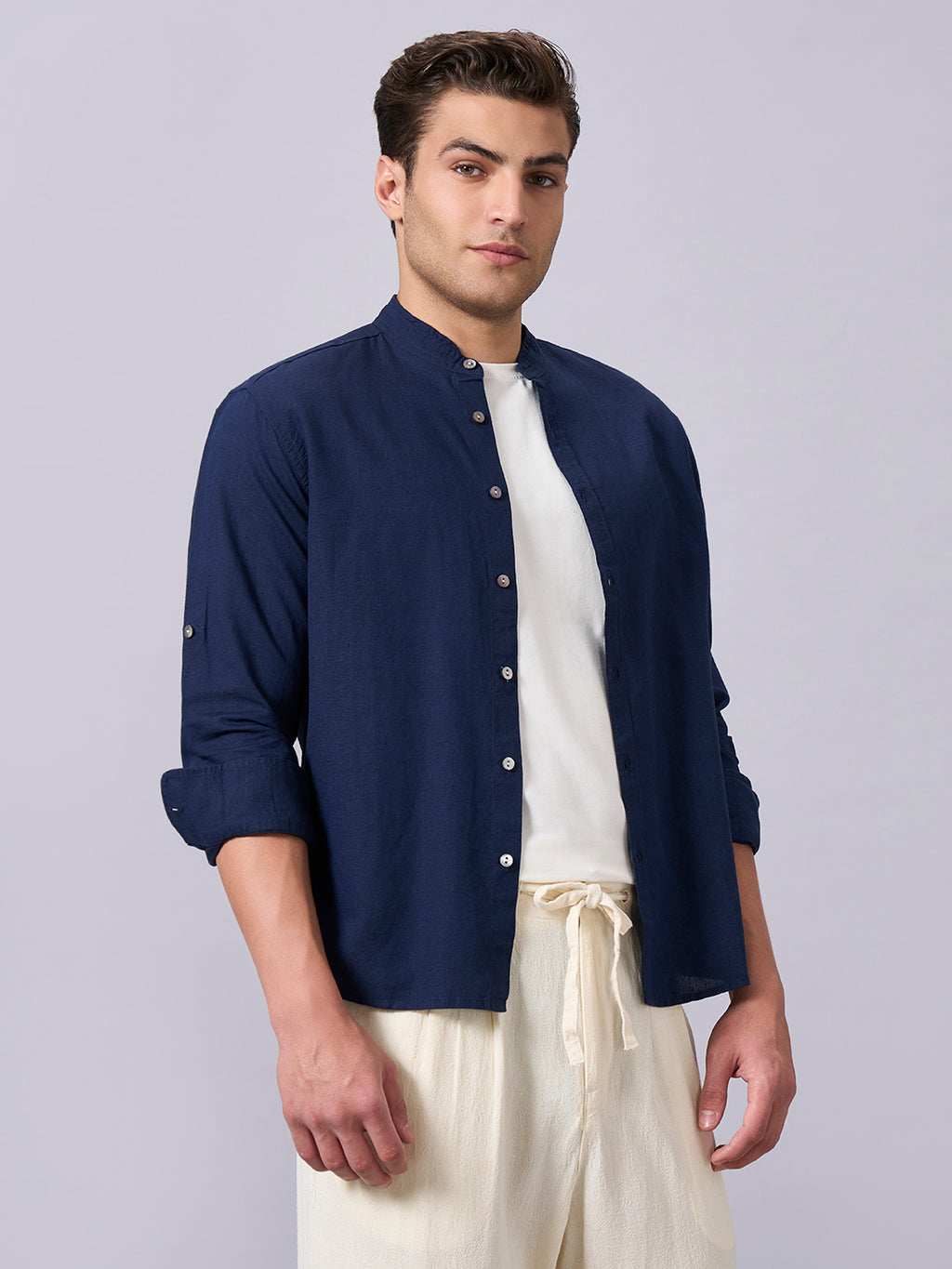 Men's Navy Linen Cotton Regular Fit Shirt
