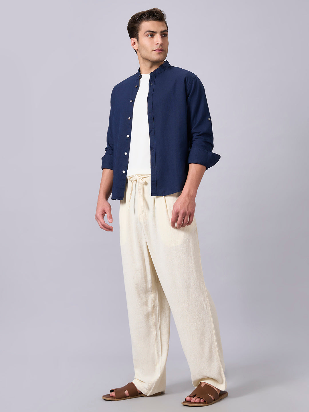 Men's Navy Linen Cotton Regular Fit Shirt