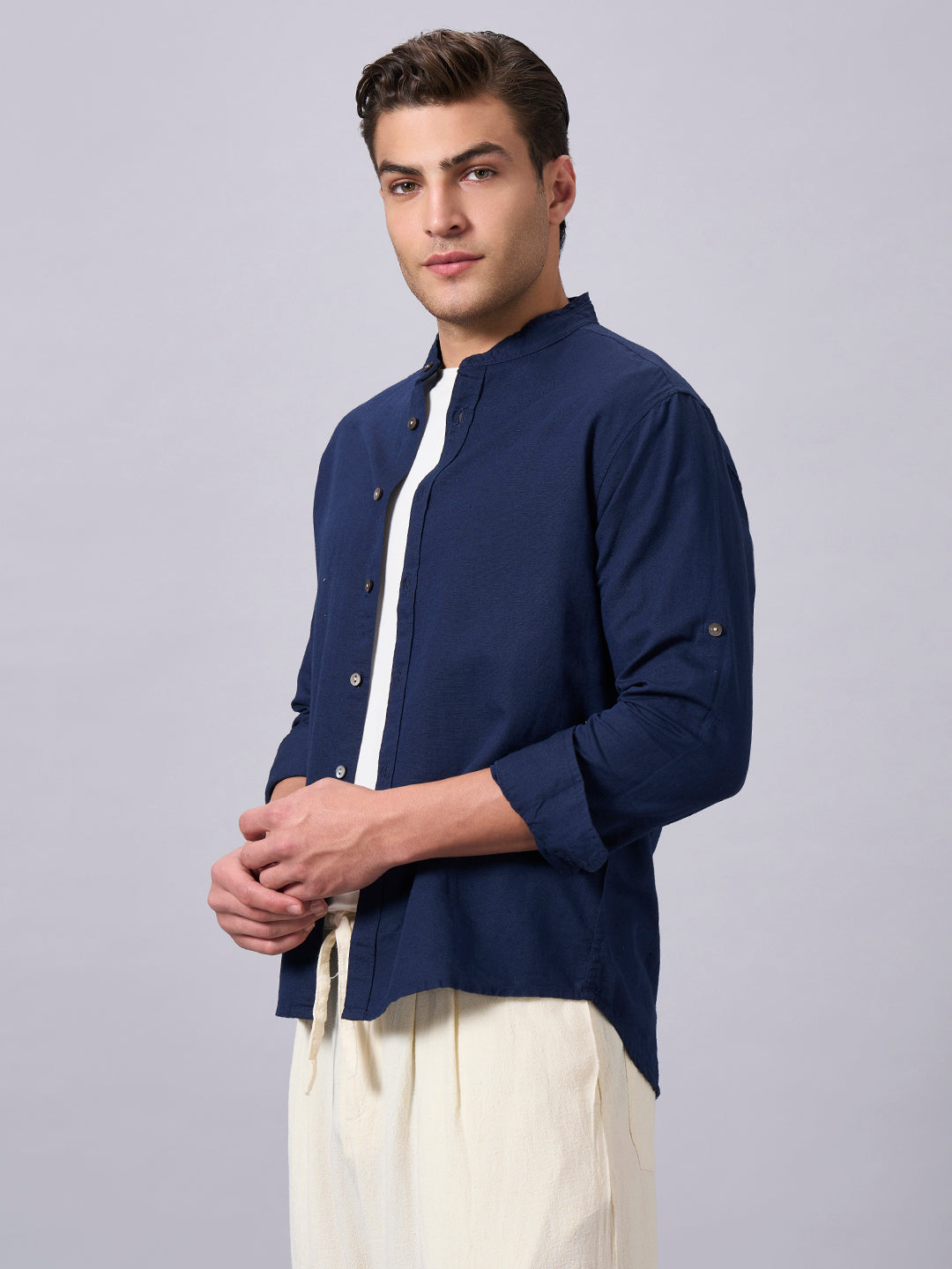 Men's Navy Linen Cotton Regular Fit Shirt