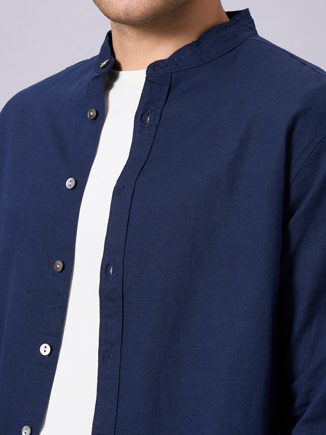 Men's Navy Linen Cotton Regular Fit Shirt