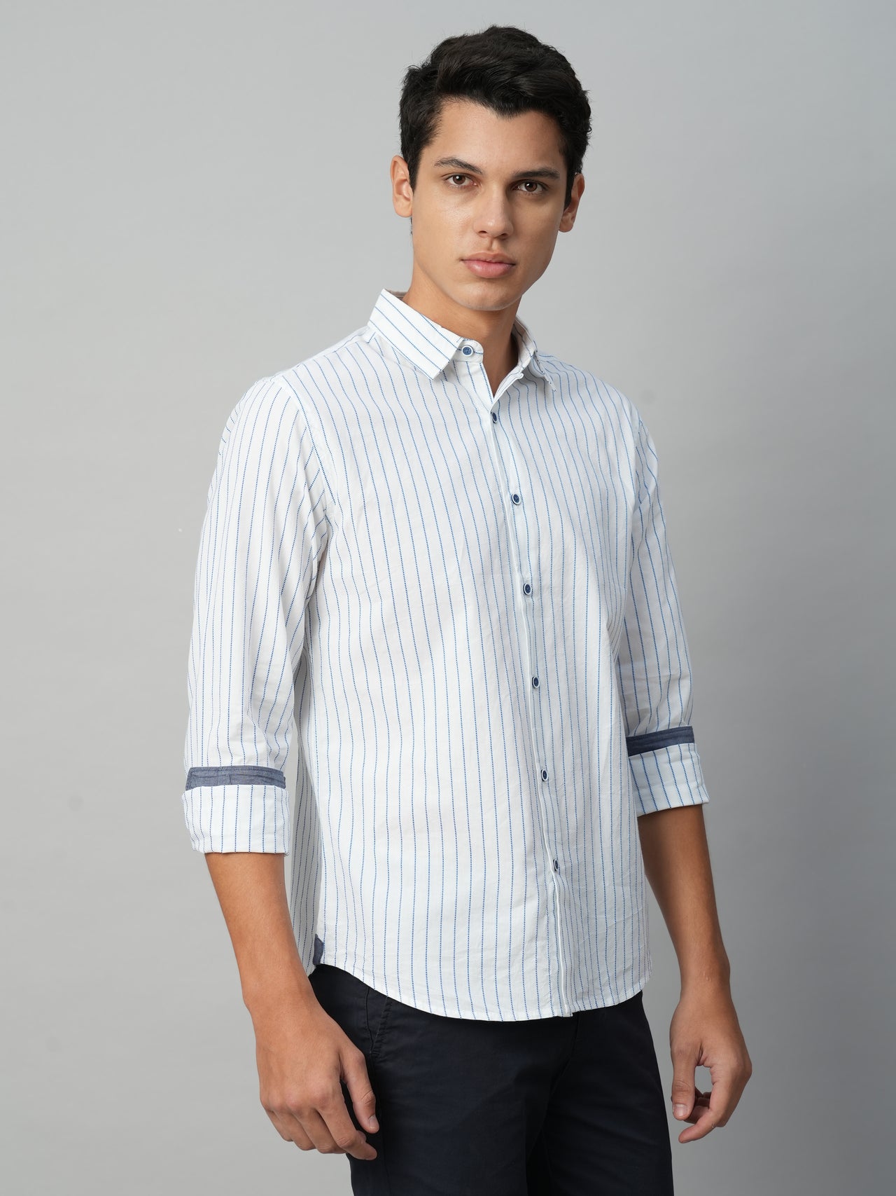 Men's Blue Cotton Slim Fit Striped Shirt