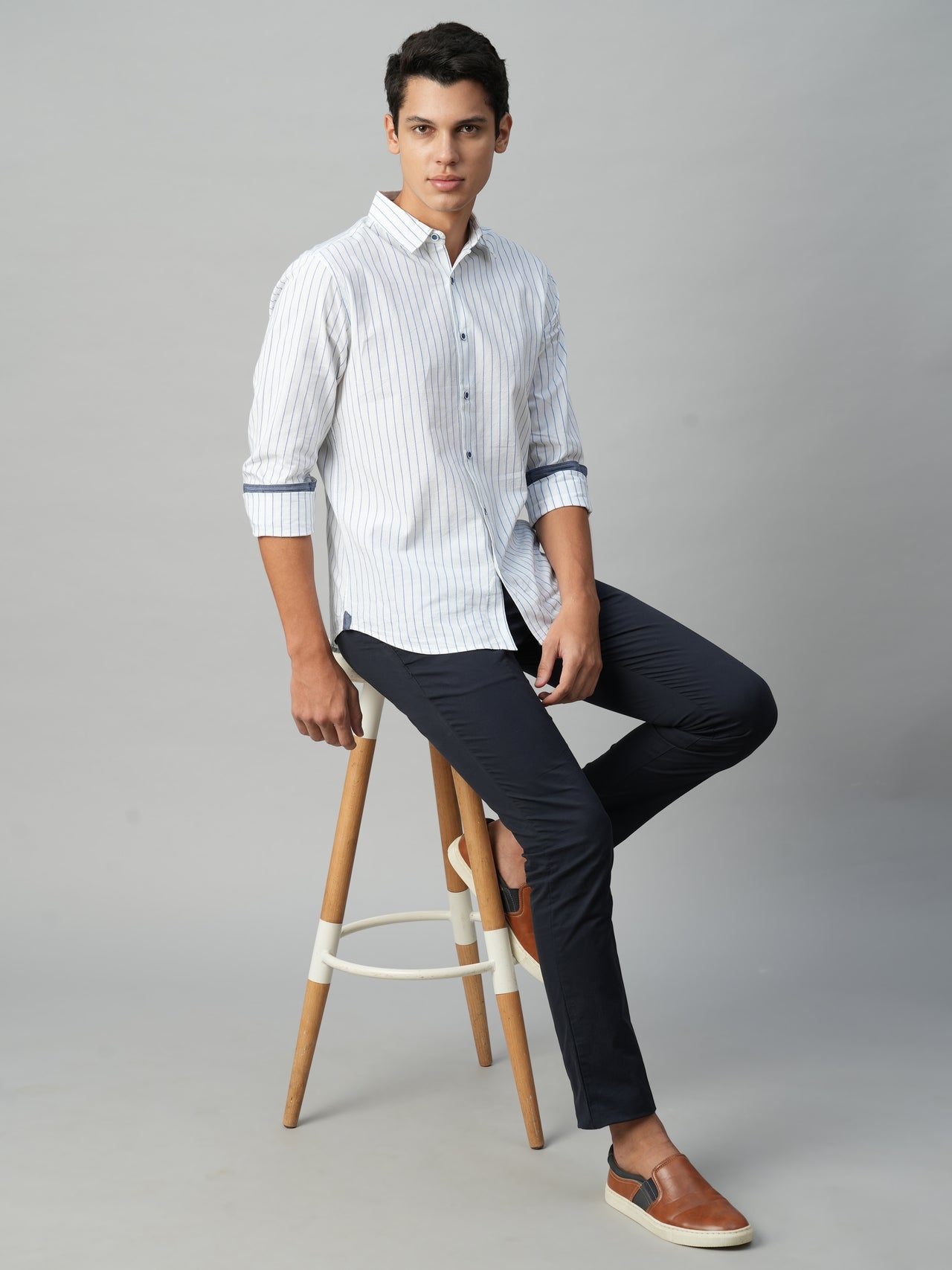 Men's Blue Cotton Slim Fit Striped Shirt