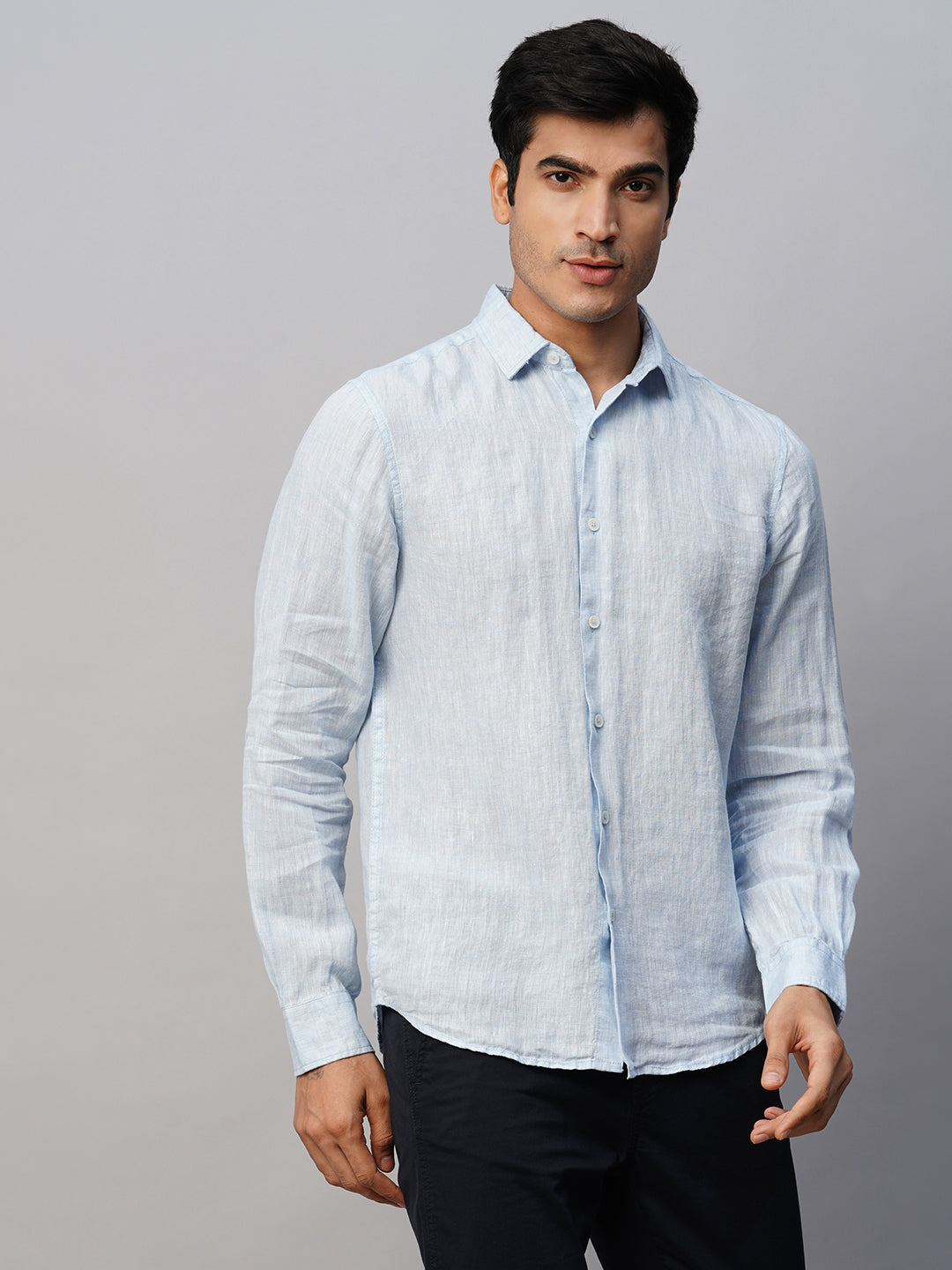 Men's Sky Blue 100% Linen  Slim Fit Long Sleeved Shirt