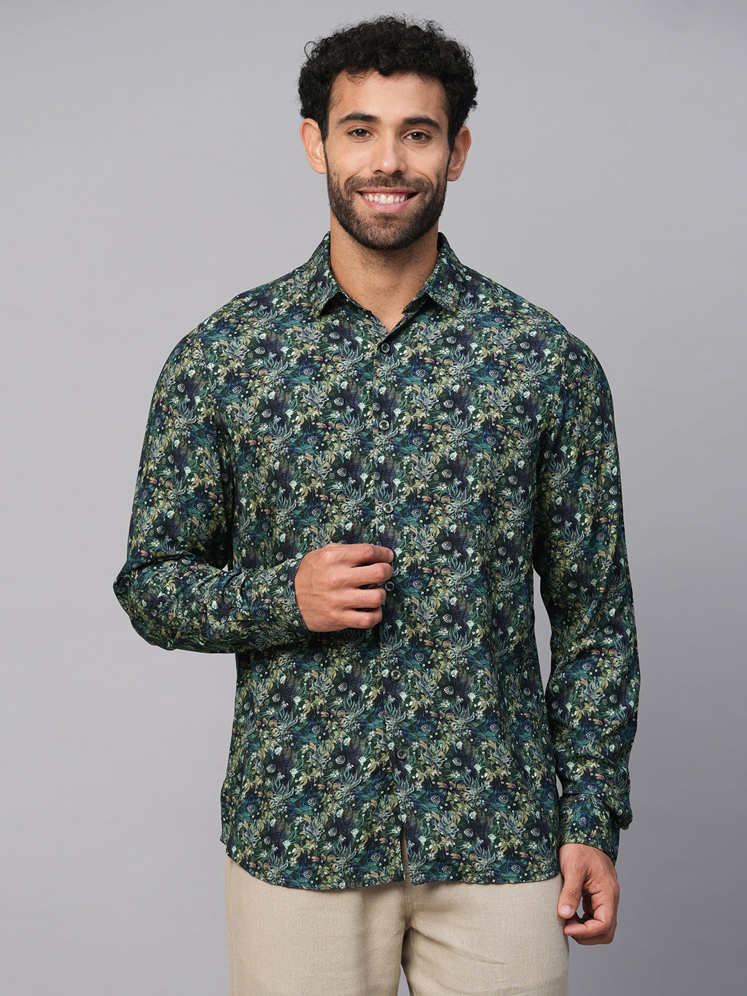 Men's Green Viscose Slim Fit Printed Shirt