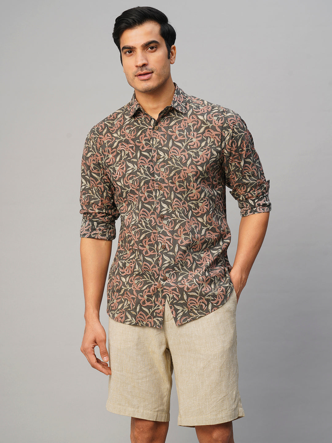 Men's Grey Cotton Slim Fit Printed Shirt