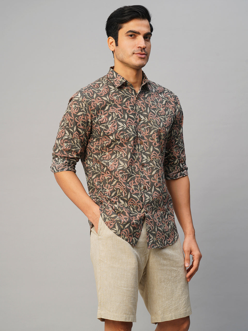 Men's Cotton Hand Block Printed Slim Fit Grey Shirt