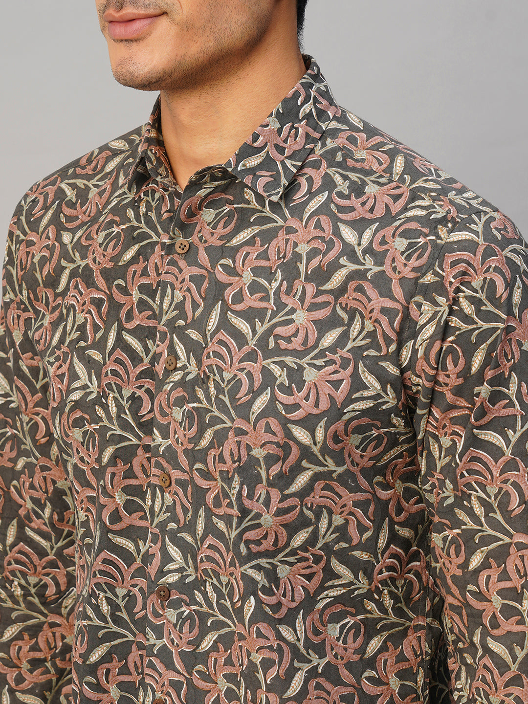 Men's Cotton Hand Block Printed Slim Fit Grey Shirt