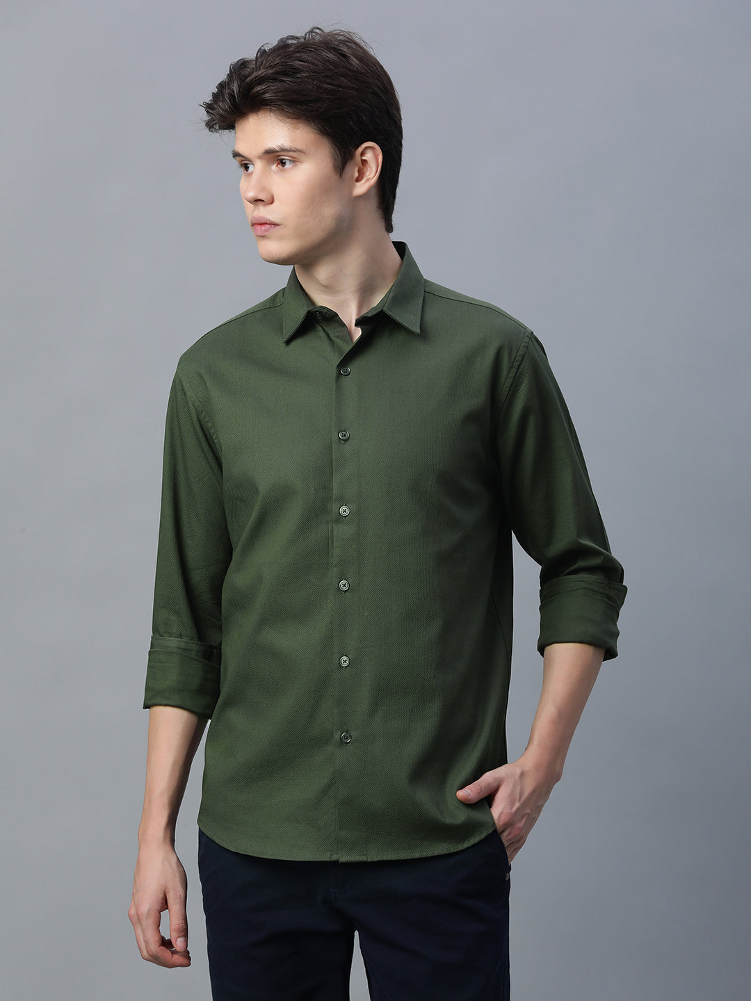 Men's Olive 100% Cotton Slim Fit Shirt