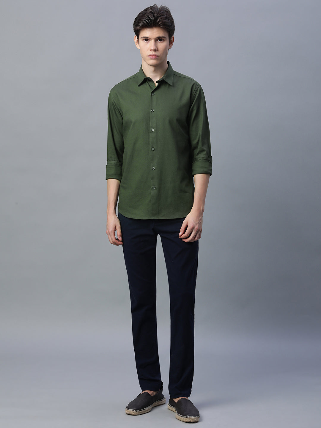 Men's Olive 100% Cotton Slim Fit Shirt