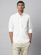 Men's White 100% Cotton Slim Fit Embroidered Shirt