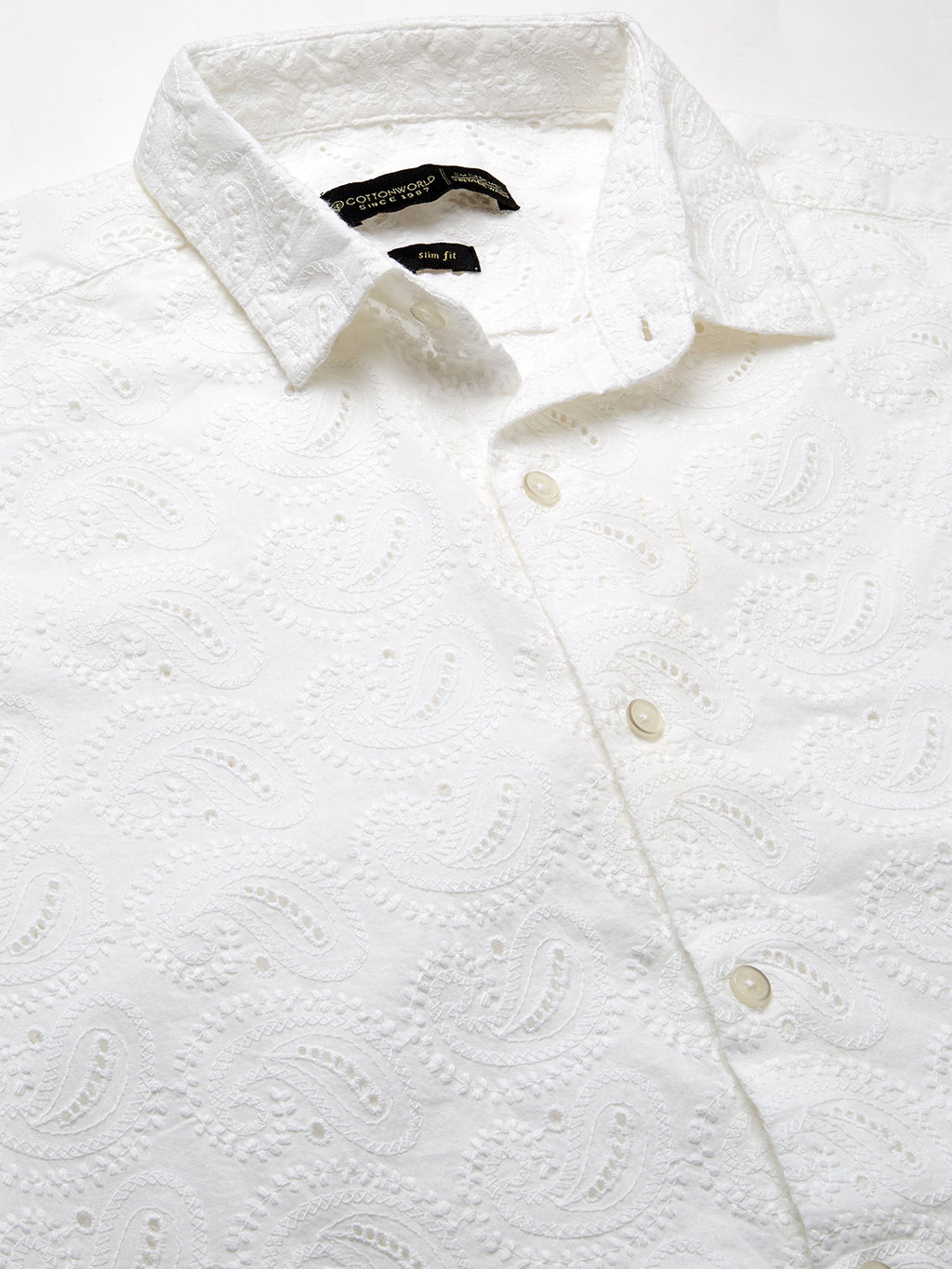 Men's White 100% Cotton Slim Fit Embroidered Shirt