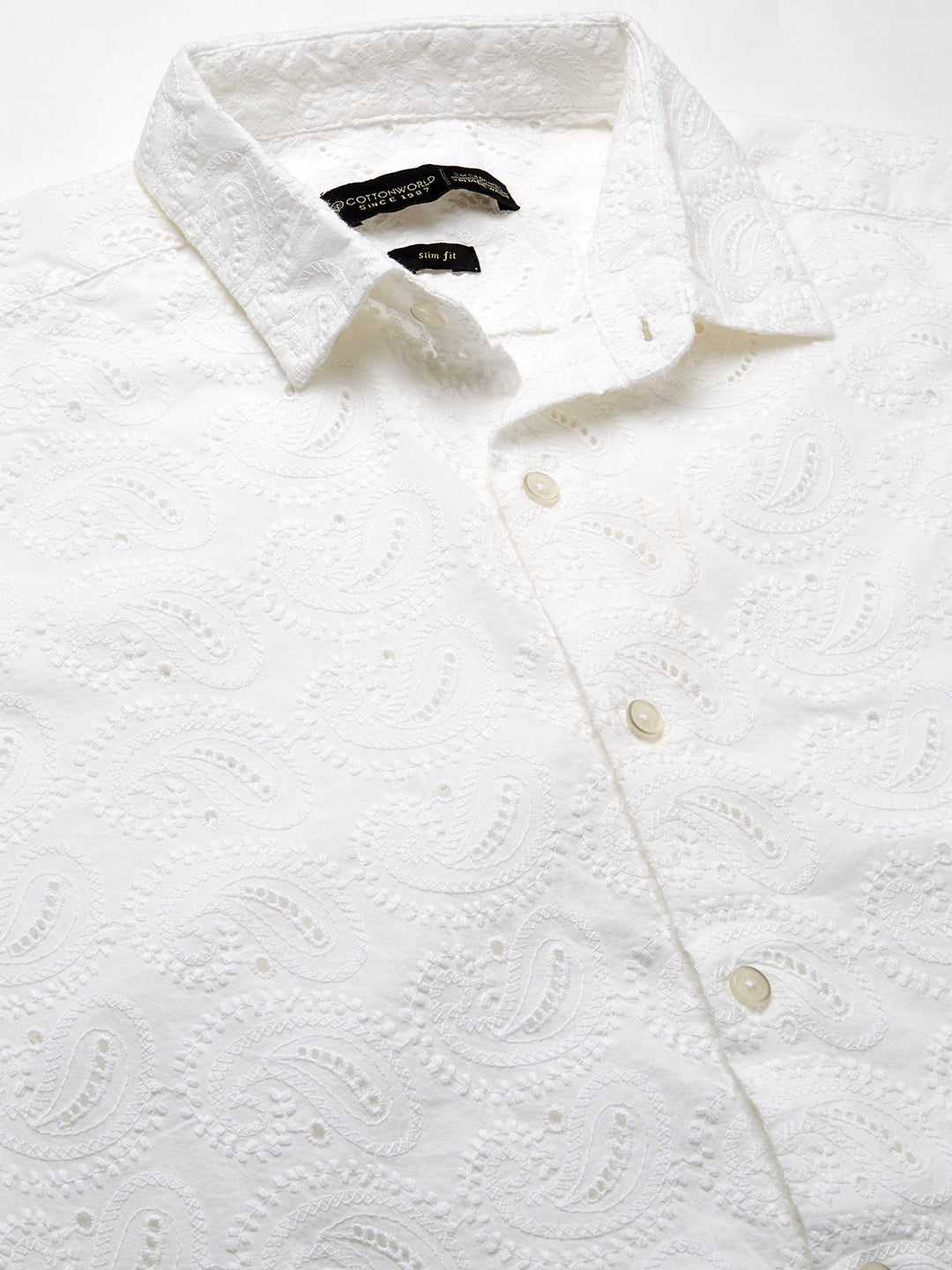 Men's White 100% Cotton Slim Fit Embroidered Shirt