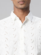 Men's White 100% Cotton Slim Fit Embroidered Shirt