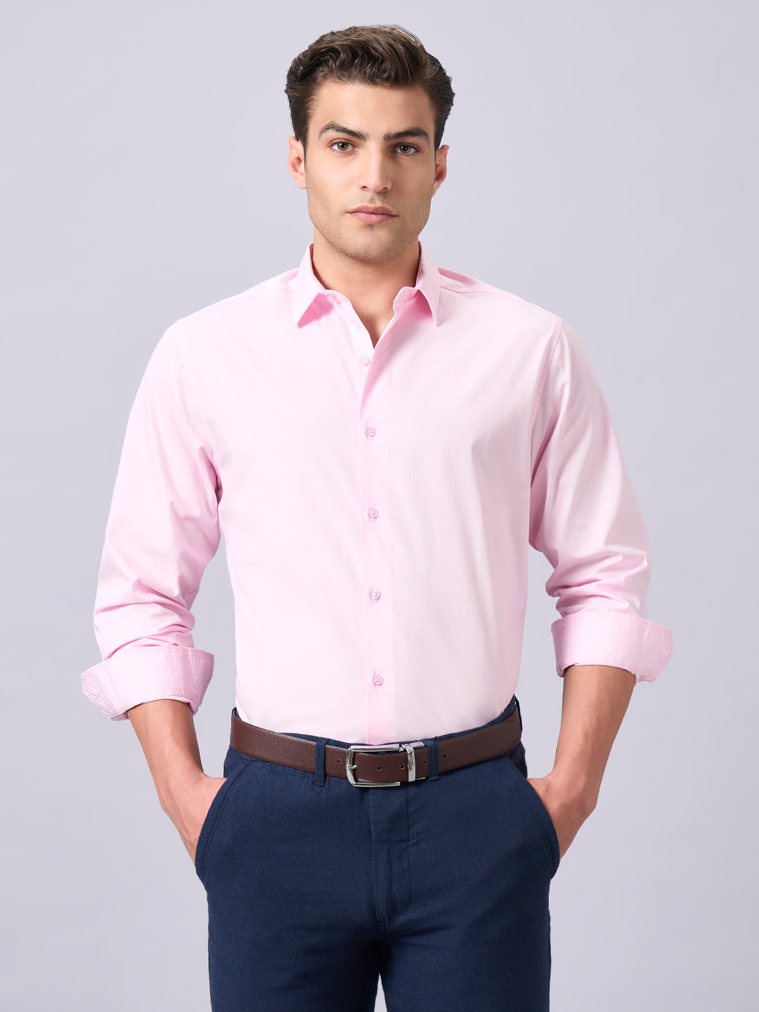 Men's Pink Cotton Lycra Slim Fit Shirt