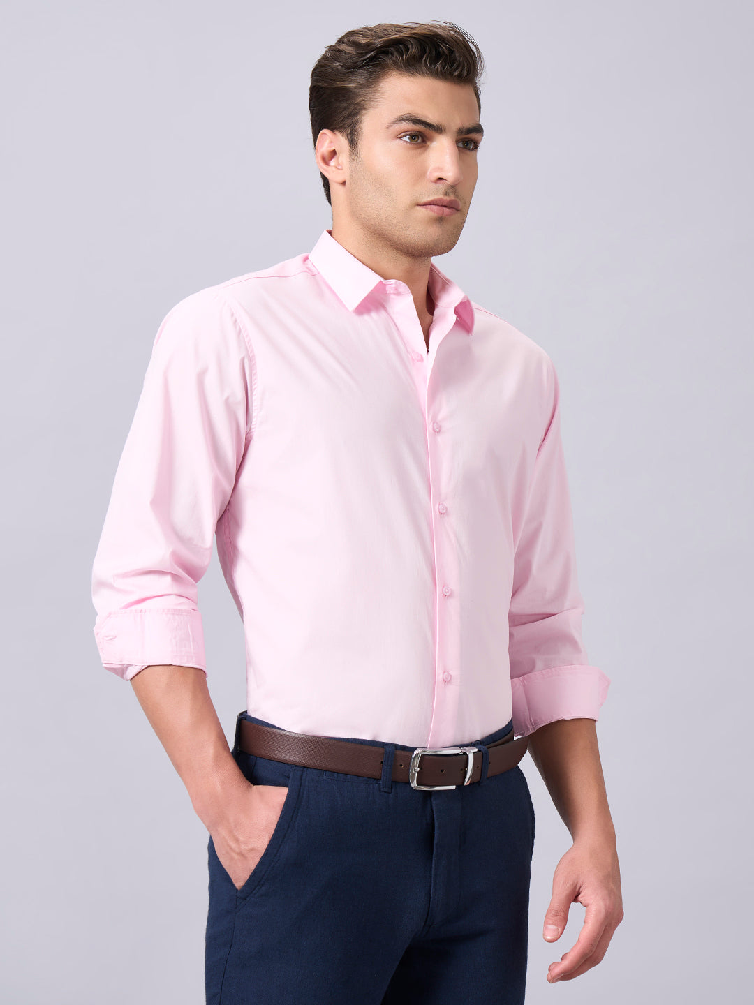 Men's Pink Cotton Lycra Slim Fit Shirt