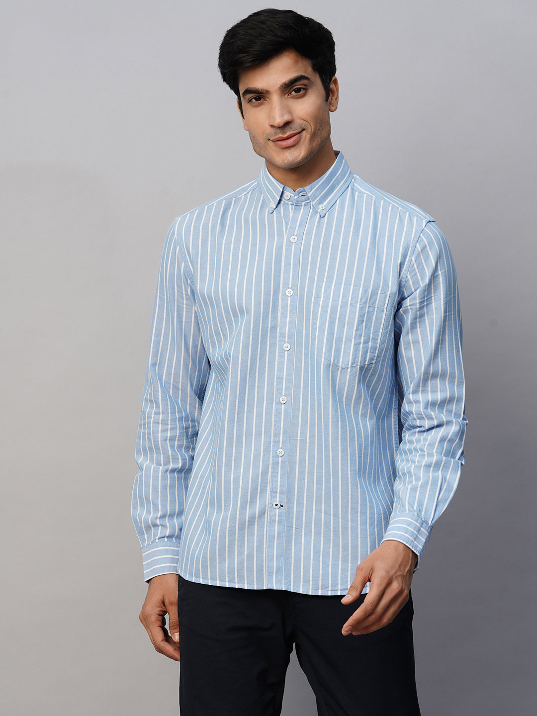 Men's Blue Oxford Cotton Striped Regular Fit Long Sleeved Button Down Collar Shirt