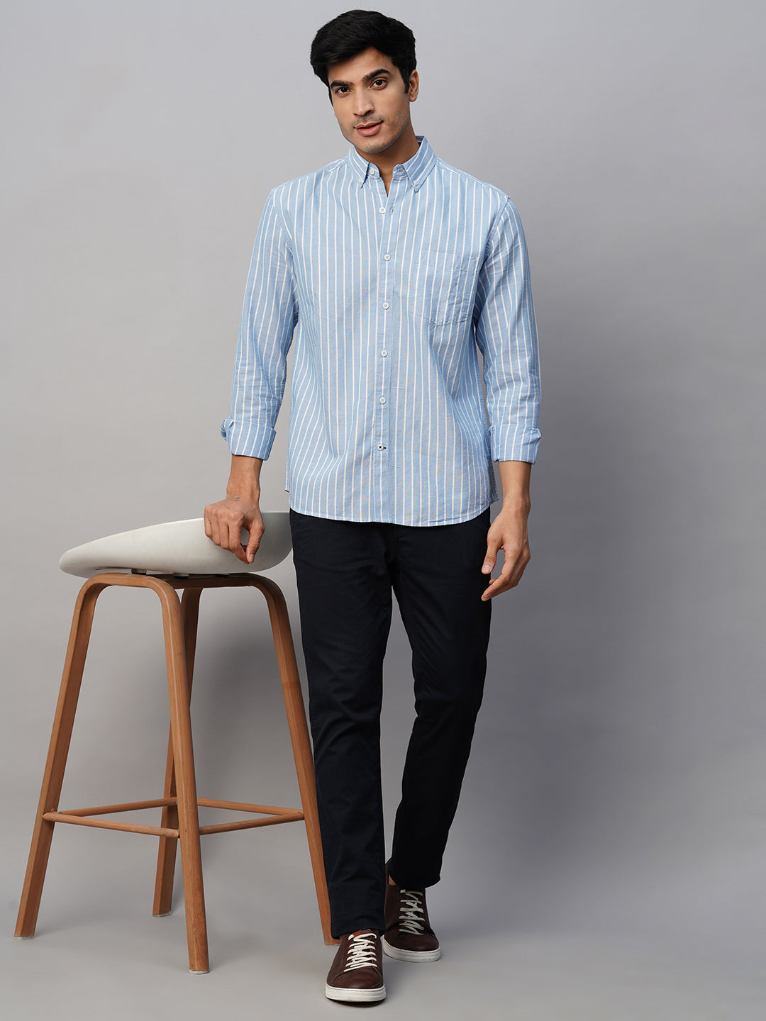 Men's Oxford Cotton Blue Striped Regular Fit Long Sleeved Button Down Collar Shirt