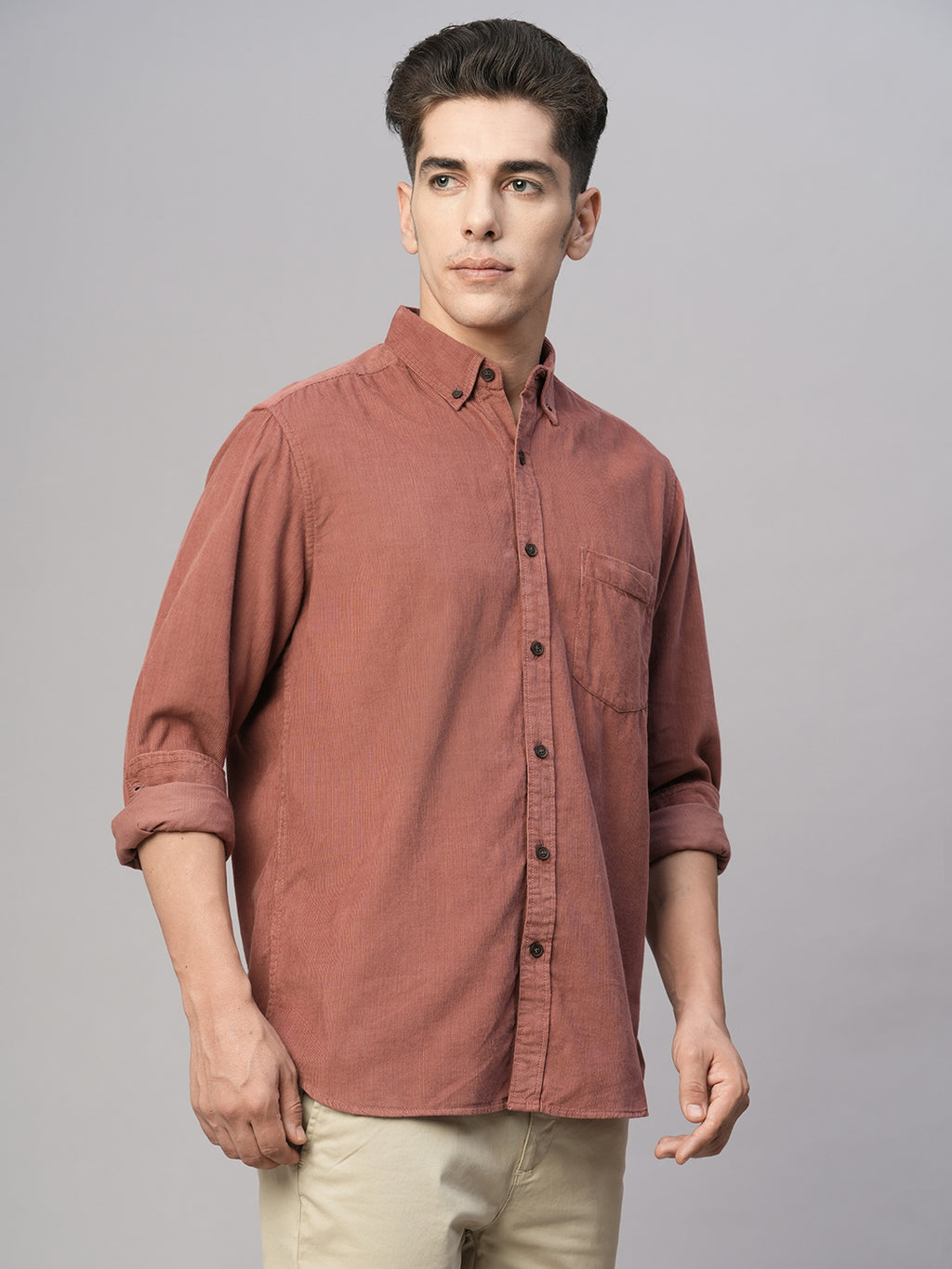 Men's 100% Cotton Corduroy Regular Fit Long Sleeved Shirt Brick