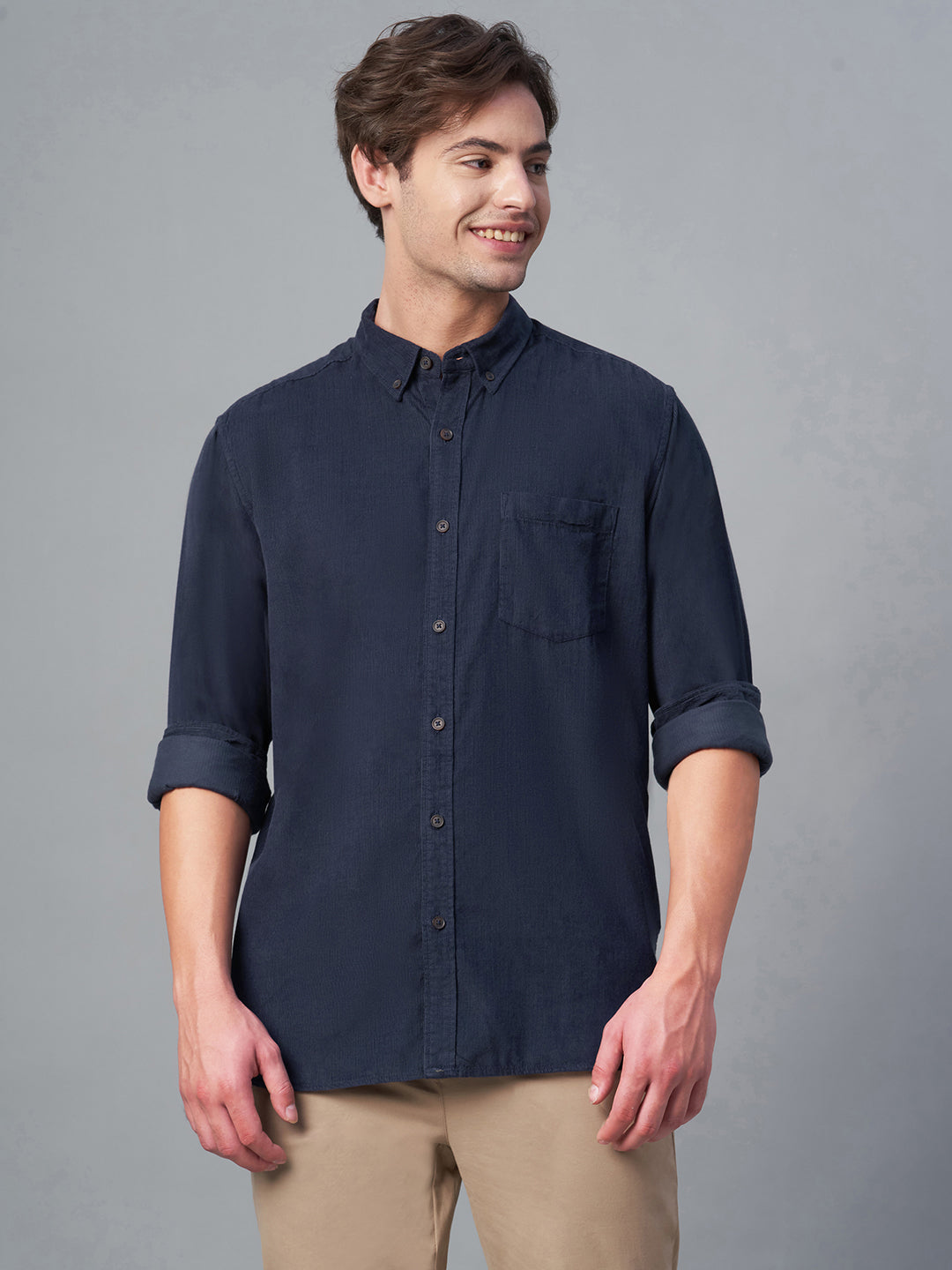 Men's Corduroy 100% Cotton Navy Regular Fit Long Sleeved Shirt