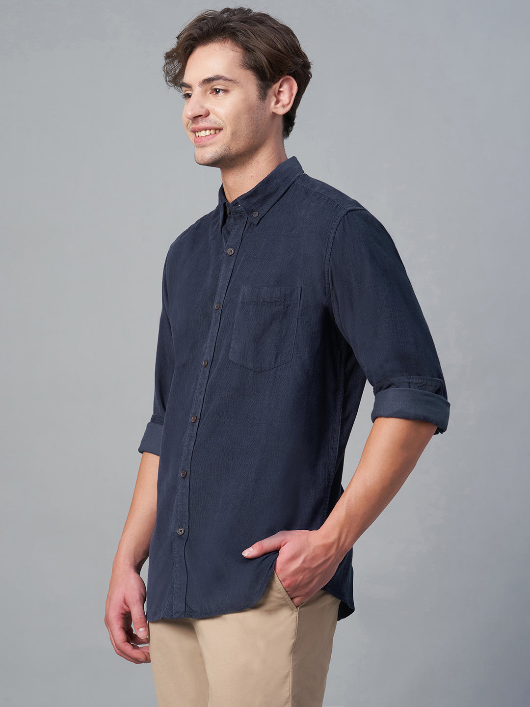 Men's Corduroy 100% Cotton Navy Regular Fit Long Sleeved Shirt