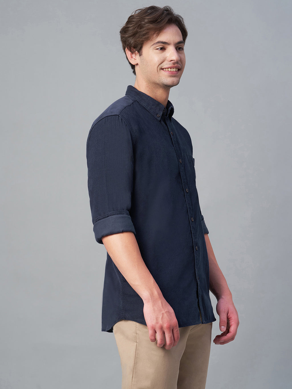 Men's Corduroy 100% Cotton Navy Regular Fit Long Sleeved Shirt