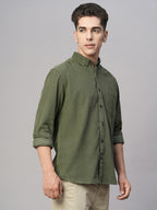 Men's Corduroy 100% Cotton Olive Regular Fit Long Sleeved Shirt