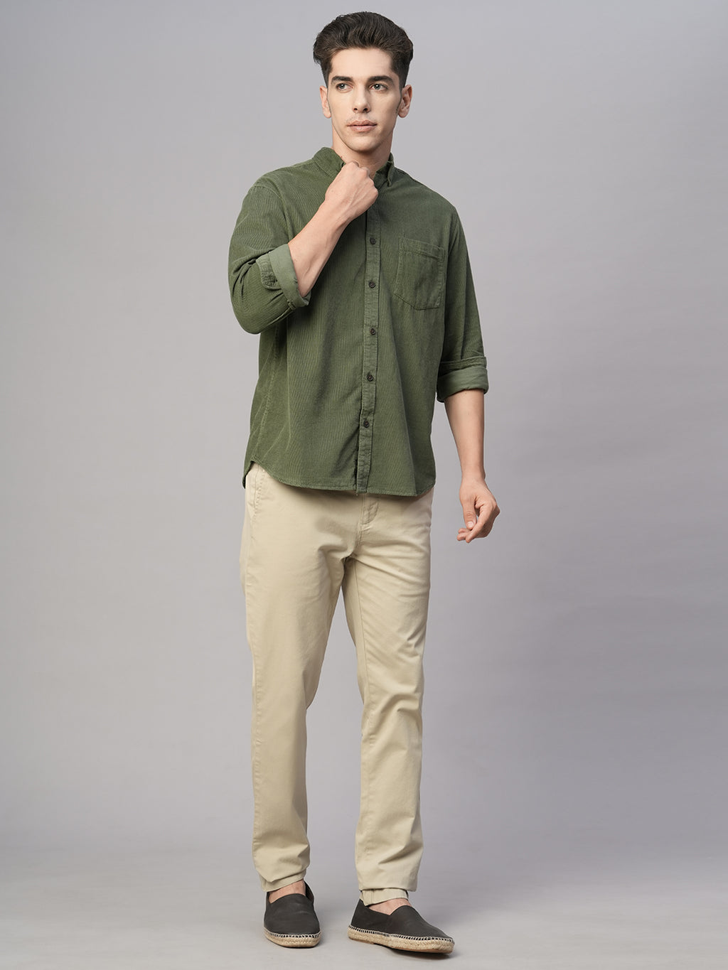 Men's Corduroy 100% Cotton Olive Regular Fit Long Sleeved Shirt