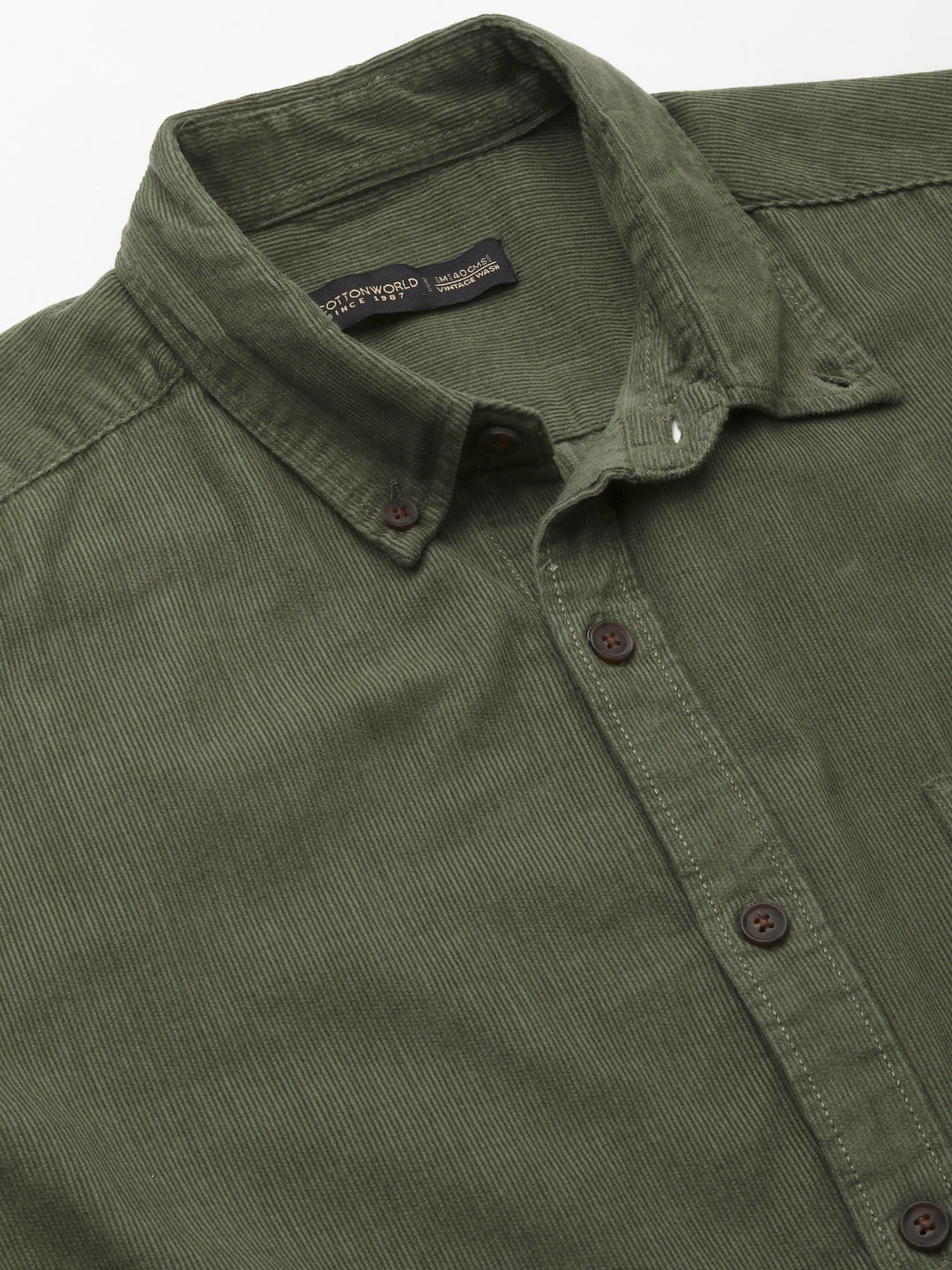 Men's Corduroy 100% Cotton Olive Regular Fit Long Sleeved Shirt