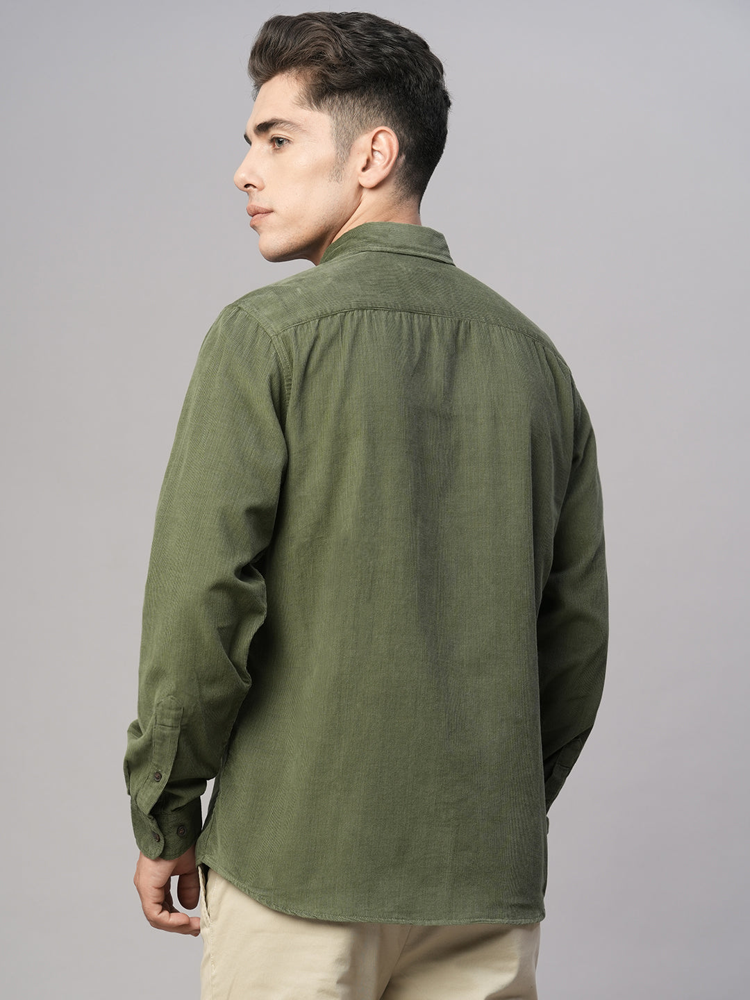 Men's Corduroy 100% Cotton Olive Regular Fit Long Sleeved Shirt
