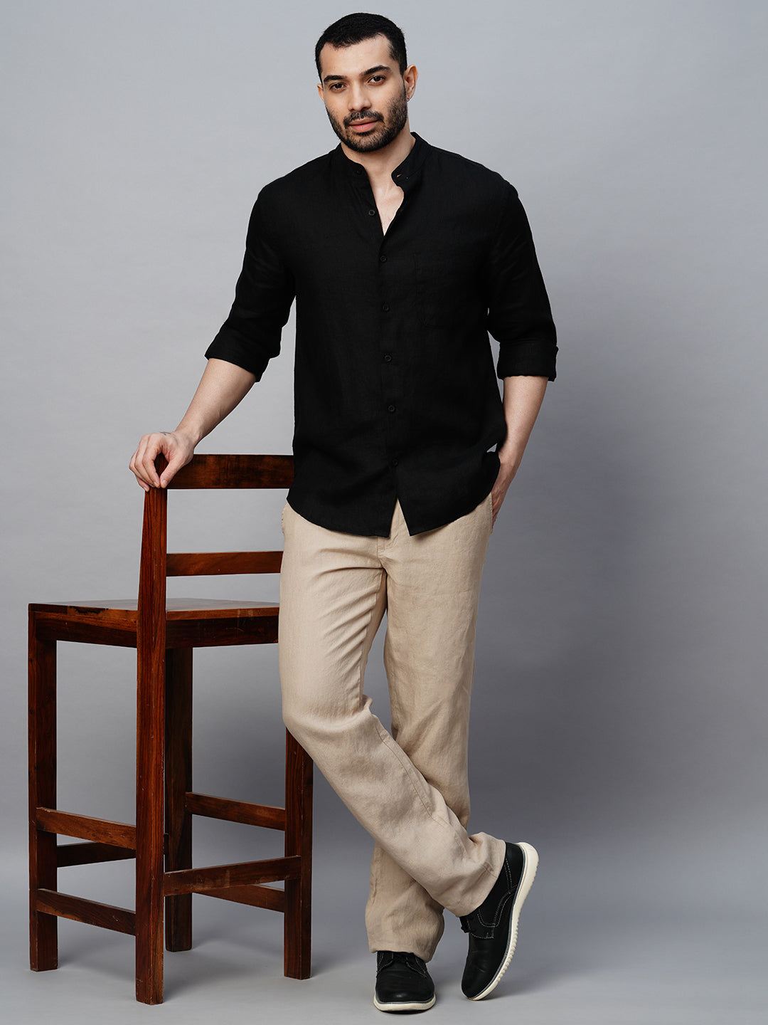 Men's Black 100% Linen Regular Fit Mandarin Collar Long Sleeved Shirt